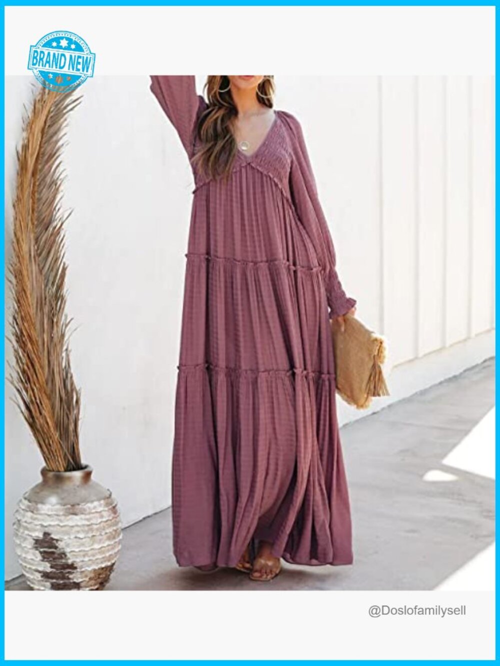 Long Sleeve V Neck Maxi Dress Empire Waist Boho Flowy Casual Elegant - Picture 2 of 7